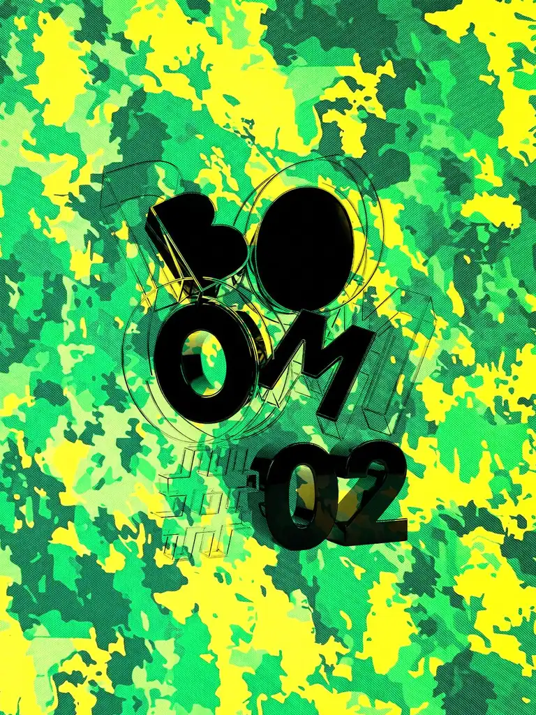 Identidade visual do BOOM! #02: logo BOOM 02 em preto sobre estampa camuflada verde e amarela