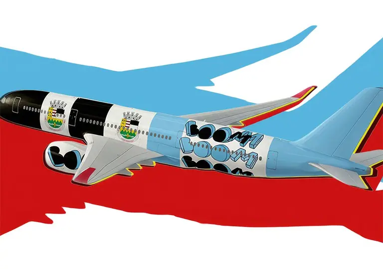 Ilustração de avião com a marca BOOM pintada na fuselagem, rumo ao intercâmbio em Berlim
